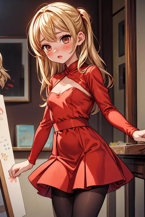 (masterpiece, best quality), 1girl, blonde hair, red dress, pantyhose, cute face, blush, <lora:add_detail:1>