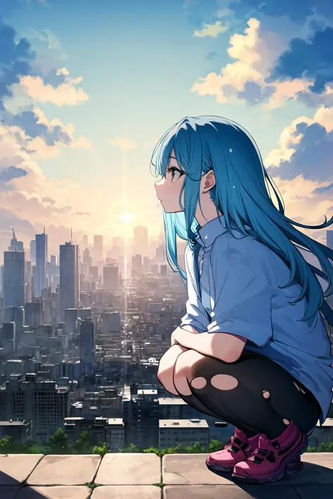 <lora:yuu:1>
sky, 1girl, blue hair, torn clothes, squatting, from side, cloud, city, flowing hair, looking away, sunshine, novel illustration, best quality, extremely detailed