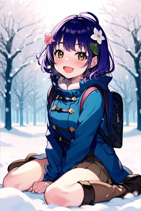 <lora:yuu:1>1girl, smile, fang, blush, flower, snow, bag, backpack, sitting, solo, coat, skirt, boots, :d, tree, breasts, wariza, looking at viewer, hair ornament, open mouth, hair flower, short hair, brown eyes, blue coat, purple hair