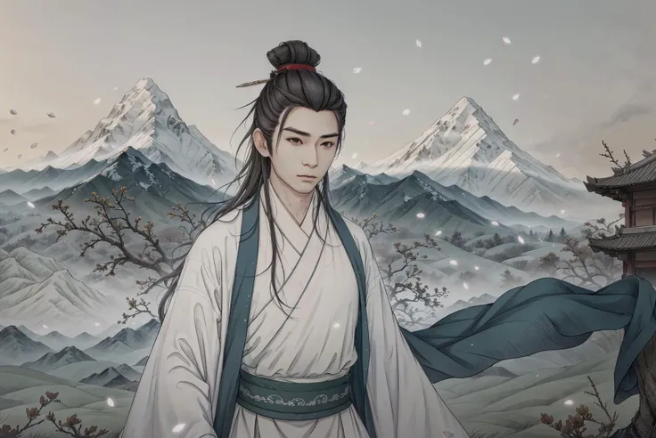 (masterpiece:0.8),best quality,
gongbiv,gongbi painting,1boy,male focus,solo,black hair,long hair,mountain,bird,upper body,hanfu,chinese clothes,hair ornament,robe,hair stick,hair pulled back,black eyes,outdoors,looking to the side,looking away,flock,grey ...