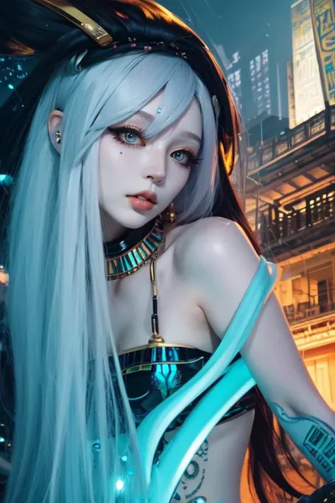 a woman with long white hair and blue eyes in a city