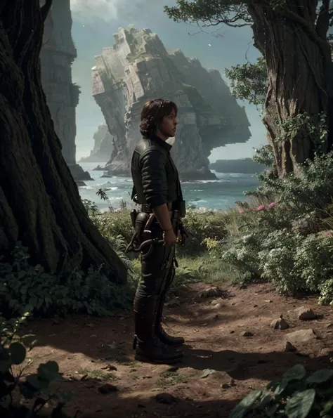 Luke Skywalkers encounter with the mystical Force tree on Ahch-To, a moment of reflection and introspection:1.3. , <lora:StarWars_Outlaws_Style-SD15:0.75>