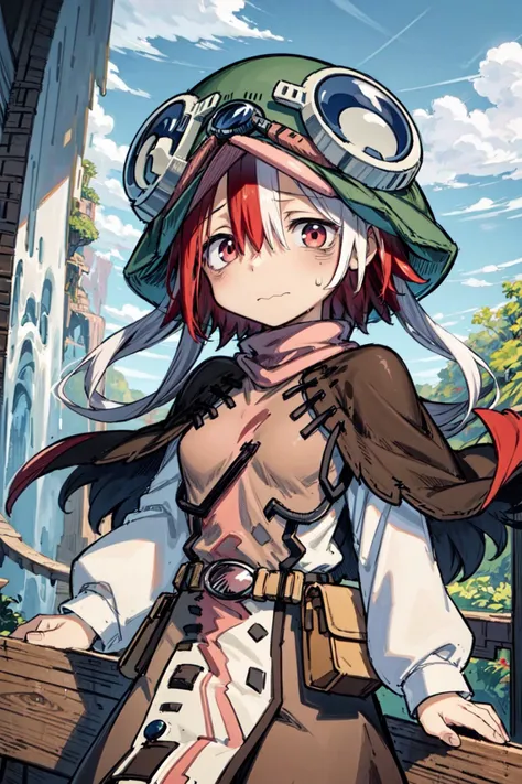 masterpiece,best quality,1girl,vuekosage,bags under eyes,red eyes,red hair,white hair,two-tone hair,hat,goggles on headwear,capelet,multicolored clothes,long sleeves,tabard,belt pouch,wavy mouth,looking at viewer,sweatdrop,suspension bridge,cliff,fantasy,g...