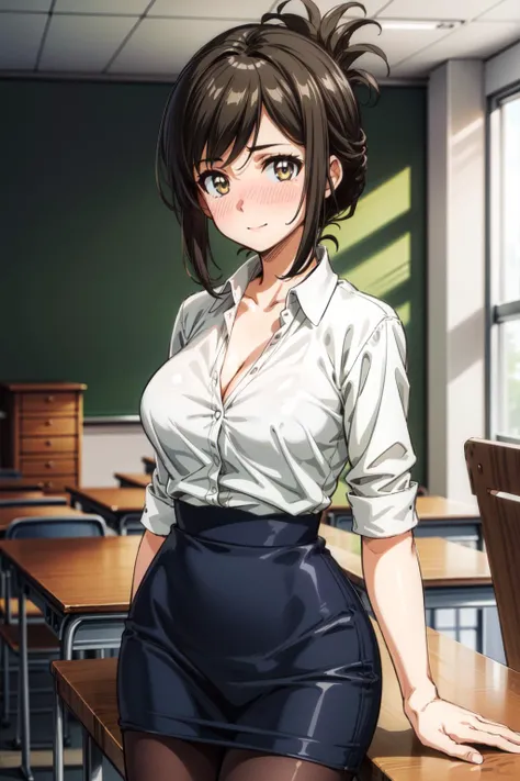 a woman in a skirt and shirt posing in a classroom