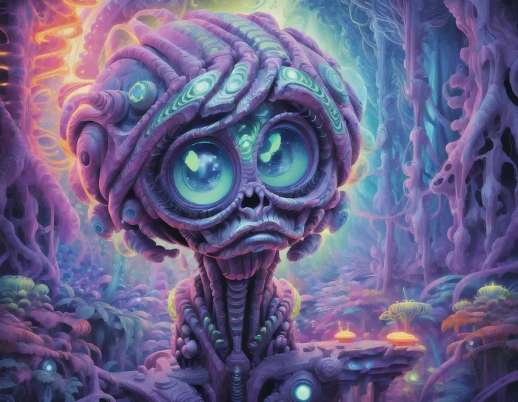 a close up of a painting of a strange creature in a forest