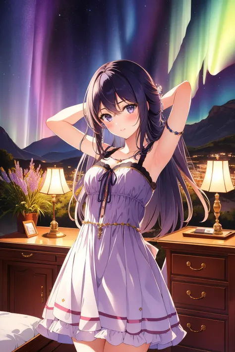 a girl in a dress is standing in front of a night sky