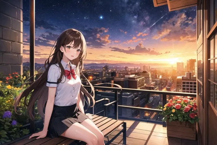 anime girl sitting on a bench overlooking a city at sunset