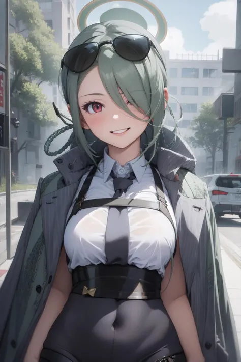 (masterpiece:1.3), (absurdres:1.3), (best quality:1.3), (ultra-detailed:1.3), 1girl, looking at viewer, upper body, smile, outdoors, minaid, halo, white shirt, jacket on shoulders, hair over one eyes, green necktie, black pantyhose, thigh strap, <lora:mina...