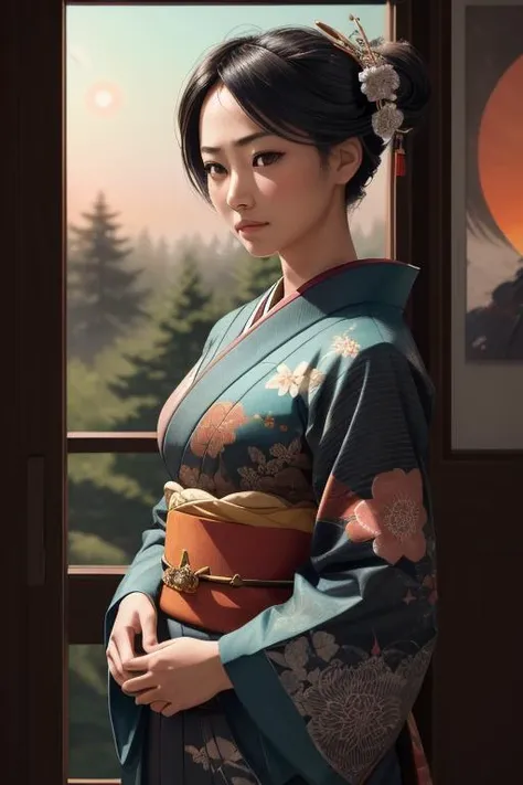 (Line Art:1.2), (dark shot:1.4), full body, 80mm, epic realistic, (painting of a geisha) with european features (walking through a japanese pine forest), by range murata, a big ((red sun in the background)), (beautiful cloudy sky), stunning, matted, paul g...