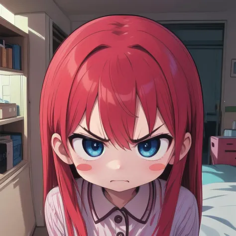 1girl,applecheek,<lora:AppleCheek:1>,angry,red_hair,long_hair,messy_hair,blue_eyes,pajamas, best quality,highres