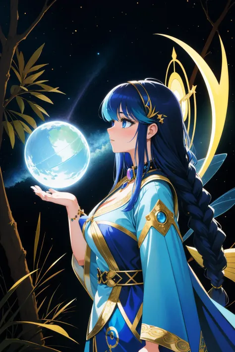 a woman in a blue dress holding a crystal ball