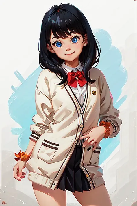 cowboy shot,  smile, <lora:Takarada_Rikka-DEF:0.8> rikka, solo, cardigan, wrist scrunchie, pleated skirt,   <lora:alkemanubis_style_v1_weight13:1>, absurdres, ultra detailed, masterpiece, best quality, aesthetic, detailed,