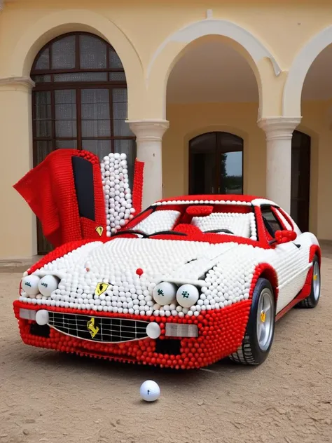 <lora:g0lfb4lls_v2:1>, high quality, high resolution, Ferrari car made of golf balls