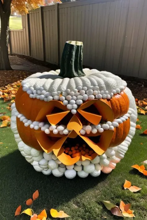 <lora:g0lfb4ll_v1:1>, high quality, high resolution, Halloweens pumpkin made of golf balls,