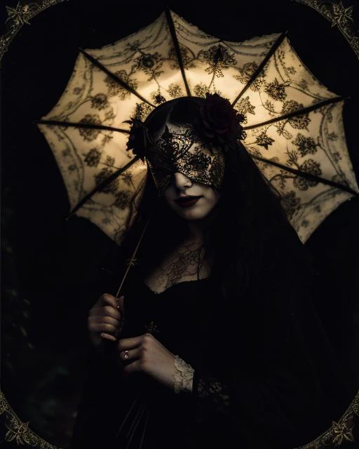 outdoors, at night, epic close cinematic , portraiture, glint backlit, lighting, dramatic, of a victorian gothic dagguerotype, tinype, vintage shot of a blindfolded woman wearing a ceramic white masquerade mask  outdoors, sepia <lora:BlindMask_v1:1> holdin...