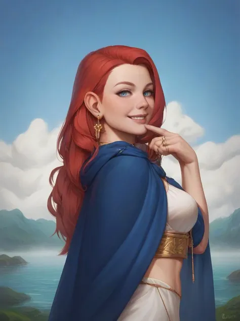 a woman with red hair and a cape is posing for a picture