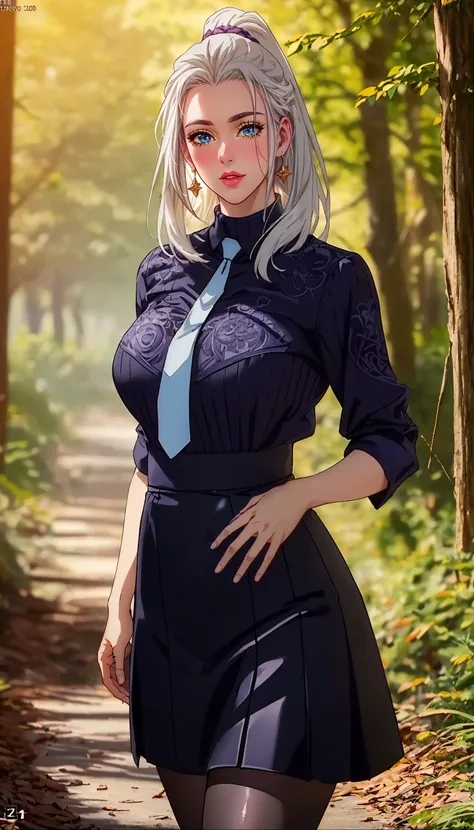 anime girl in a short dress and tie walking down a path