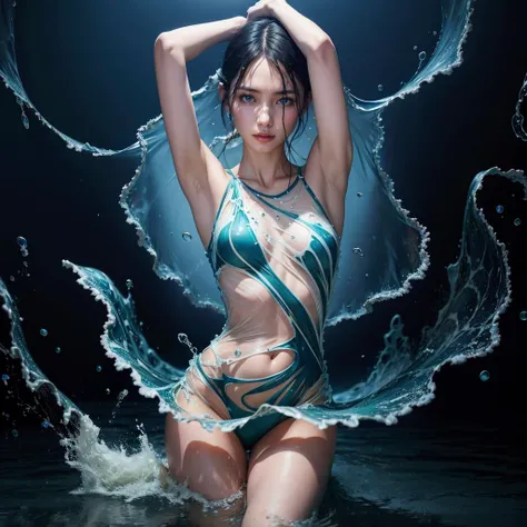 (photorealistic:1.3),  a skinny girl, (see-through:1.2) dark blue  dress, a wide spiral of swirling water around her, <lora:LiquidClothesV1fixed:1.0>, (liquid clothes:1.1), armpits, full body, (Faintly emerge from the darkness:1.2)
 ADDROW water