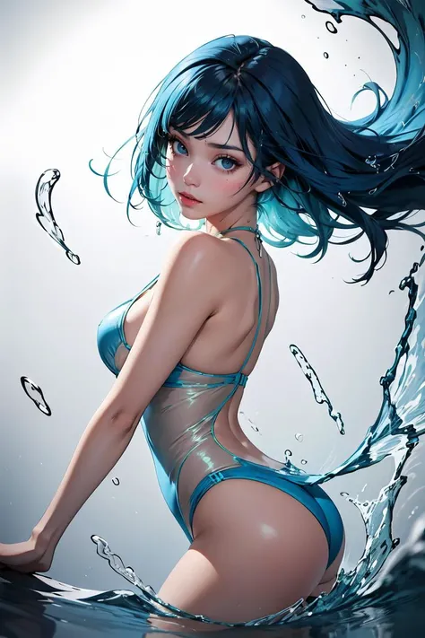 (masterpiece, best quality), 1girl, beautiful face,  <lora:LiquidClothesV2:1> liquid clothes, water, legwear, blue hair,