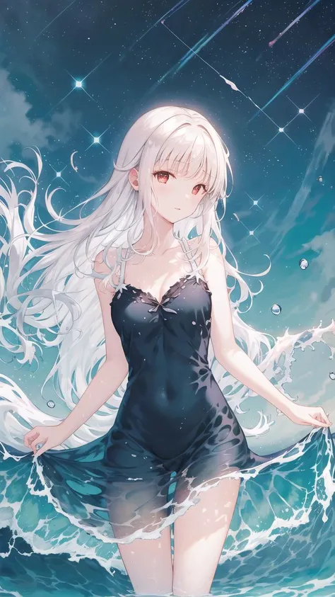 (white hair:1.4),(long hair:1.3),(red eyes:1.3),medium breasts,solo,1girl,((liquid clothes)),(liquid clothes:1.1),(blue theme:1.3),(blue dress:1.1),standing,sleeveless,(looking at viewer:1.2),<lora:LiquidClothesV2:1>,water,wading,(ocean:1.2),(night:1.2),(s...