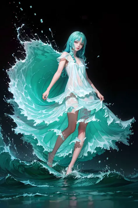 (masterpiece, best quality, high quality, highres, ultra-detailed), 1girl,solo,light_blue_hair,liquid hair, long hair,floating hair, full body, standing,sundress, liquid clothes, water,waves, tsunami,tide,sea,water dress,  <lora:LiquidClothesV1fixed:1>, be...