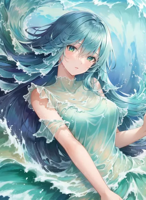 ((best quality)), ((highly detailed)), masterpiece, detailed face, beautiful face, (detailed eyes, deep eyes), (1girl), upper body, ((water elemental)), ((colored skin, blue colored skin)), (((liquid hair))), very long hair, wet hair, blue hair, green eyes...