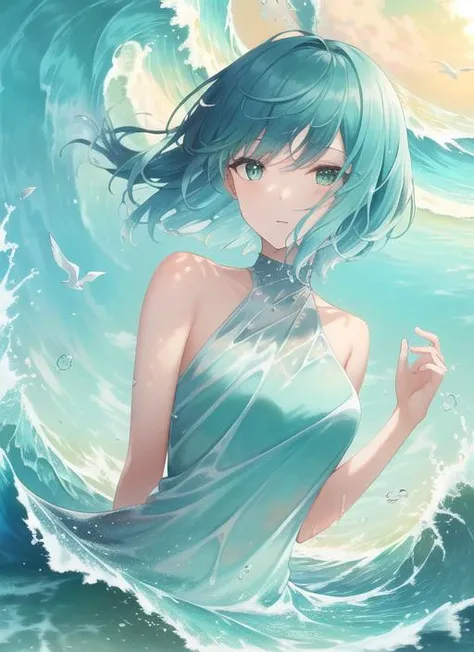 ((best quality)), ((highly detailed)), masterpiece, (detailed eyes, deep eyes), (1girl), upper body, ((water elemental)), ((colored skin, aqua colored skin)), (((liquid hair))), short hair, wet hair, sea green hair, <lora:LiquidClothesV1fixed:1>, liquid cl...