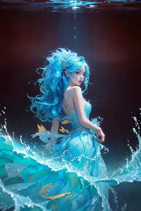 (masterpiece, top quality, best quality,1girl, long hair, (glowing:1.15), (team:1.1), (monarch:1.05),Long coat, 1girl,solo,light_blue_hair,liquid hair, long hair,floating hair, standing,sundress, liquid clothes, water,waves, tsunami,tide,sea,water dress, n...