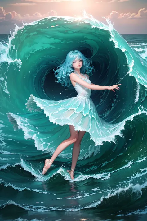 (masterpiece, best quality, high quality, highres, ultra-detailed), 1girl,solo,light_blue_hair,liquid hair, long hair,floating hair, full body, standing,sundress, liquid clothes, water,waves, tsunami,tide,sea,water dress,  <lora:LiquidClothesV1fixed:1>, up...