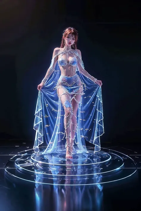 1girl,dress,<lora:LiquidClothesV2:0.7>,liquid clothes,full body,see-through,transparent clothing,holo water,water,holo,barefoot,looking at viewer,<lora:hologram02>,simple background,wedding dress, (masterpiece, best quality, high quality, highres, ultra-de...