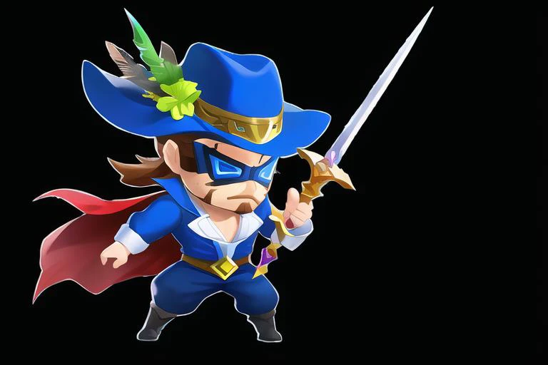 (masterpiece:1.2), (best quality,:1.2),q style, 1boy, solo, chibi, hat, weapon, male focus, rapier, blue eyes, sword, cape, mask, brown hair, facial hair, simple background, black background, full body, domino mask, holding weapon, hat feather, holding, pa...