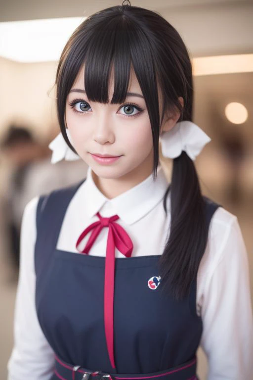 ltra-detailed,highly detailed,best quality,masterpiece,illustration,realistic,photorealistic,
tamako, kitashirakawa tamako, 1girl, solo, cosplay,
school uniform, pinafore dress, neck ribbon, belt, 
low twintails, ahoge, hair bobbles, 
looking at viewer, up...