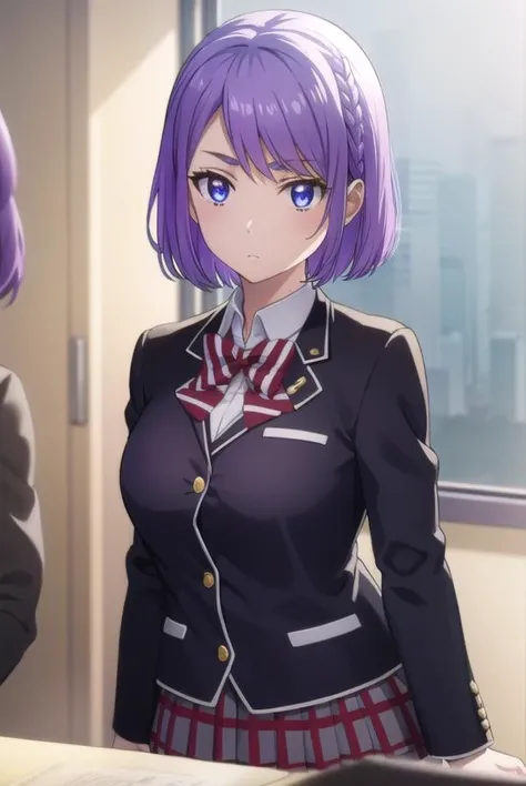 neneodagiri, <lora:nene odagiri s1-lora-nochekaiser:1>,
nene odagiri, short hair, (purple eyes:1.1), purple hair, braid,
BREAK skirt, bow, school uniform, jacket, pleated skirt, plaid, plaid skirt, blazer,
BREAK indoors, classroom,
BREAK looking at viewer,...