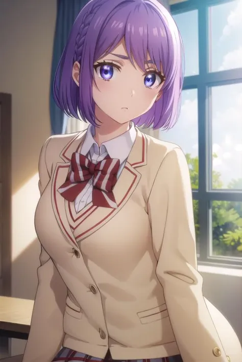 neneodagiri, <lora:nene odagiri s1-lora-nochekaiser:1>,
nene odagiri, short hair, (purple eyes:1.1), purple hair, braid,
BREAK skirt, bow, school uniform, jacket, pleated skirt, plaid, plaid skirt, blazer,
BREAK indoors, classroom,
BREAK looking at viewer,...