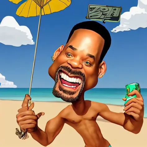 will smith  taking selfies at the beach in the style of the family guy cartoon