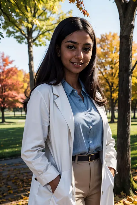 priyanka,woman,dark skin, long brown hair, grey streaked hair, black eyes, labcoat, blue collared shirt, khakis, looking at viewer, smiling, 
standing, outside, park, field, trees, autumn leafs, autumn, blue sky, extreme detail, masterpiece  <lora:priyanka...