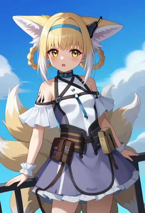 score_9,score_8_up,score_7_up,<lora:earknights_all:1>,1girl,suzuran_(arknights),fox_girl,solo,outdoors,cowboy_shot,standing,blush,blonde_hair,blue_hairband,braided_hair_rings,medium_hair,two-tone_hair,white_hair,small_breasts,frills,o-ring,highres,:o,belt_...