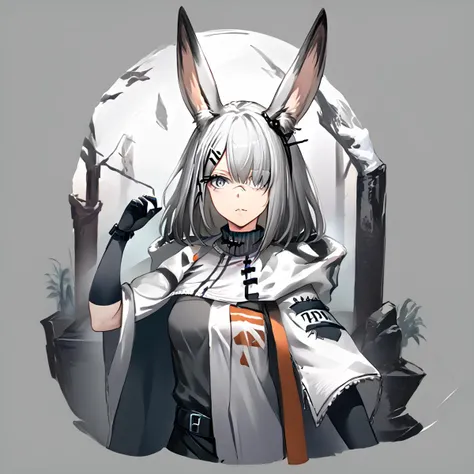 1girl, frostnova_(arknights), rabbit_ears, hair_over_one_eye, long_hair, hairclip, grey_eyes, grey_hair, scar_on_nose, black_gloves, white_hair, rabbit_girl, animal_ear_fluff, grey background, <lora:GachaAzurLaneXLP6lokrV4236T3:1>, <lora:arknight_all_v2:1>...