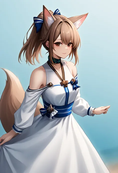 anime girl in a white dress with a blue bow and a cat tail