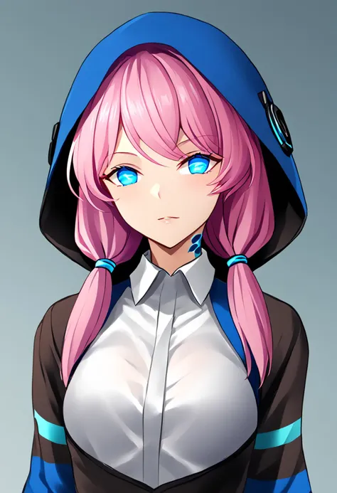 a close up of a person with pink hair and a hood on