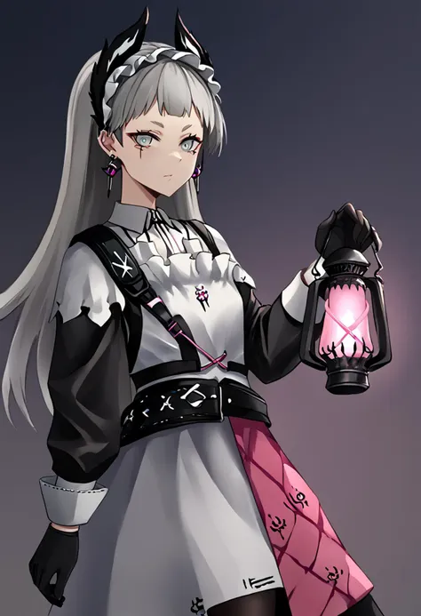 1girl, irene_(arknights), head_wings, grey_hair, grey_eyes, scar_across_eye, black_gloves, long_hair, earrings, long_sleeves, white_pantyhose, black_jacket, very_long_hair, white_skirt, holding_lantern, <lora:arknight_all_v2:1>, <lora:artist_TK31_for_Pony:...