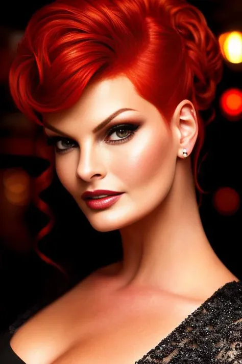 portrait photo of LindaEvangelista beautiful woman red hair updo upsweep nightclub sitting at bar (masterpiece) (best quality) (detailed) (8k) (HDR) (wallpaper) (cinematic lighting) (sharp focus) (intricate),  <lora:LindaEvangelista:0.9>