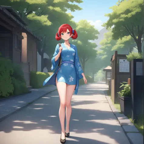 anime girl in blue kimono walking down a street in a blue kimono