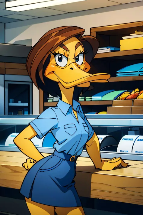 Tina Russo, furry avian, black eyes, beak, bird, eyelashes, yellow skin, brown hair, blue collared shirt, blue skirt, looking at viewer,serious, smirk, upper body shot, leaning, over counter, inside store, bright lighting, high quality, masterpiece, <lora:...