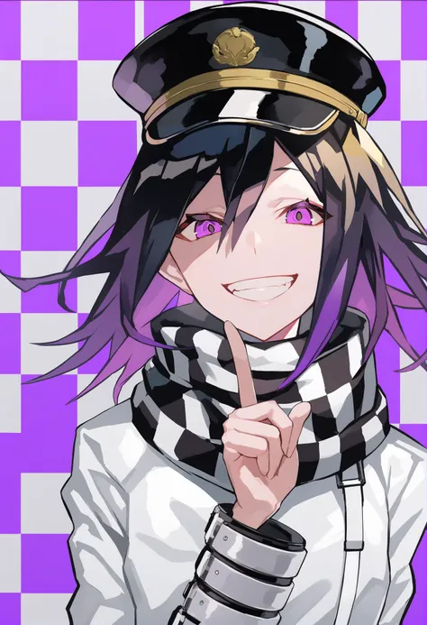 masterpiece, best quality, <lora:LAMXL_V1:1> ouma kokichi, checkered scarf, checkered background, 1boy, male focus, smile, solo, checkered clothes, scarf, long sleeves, bangs, upper body, hair between eyes, looking at viewer, jacket, hat, grin, purple eyes...