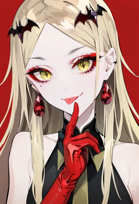 anime girl with long blonde hair and red gloves holding her finger up