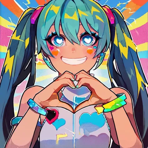 score_9, score_8_up, score_7_up, score_6_up, <lora:LAMXL_Js2_lokr_V4302:0.95> 1girl, heart, solo, smile, hair like hatsune miku, cyan hair, heart hands, twintails, long hair, cyan hair, jewelry, multicolored hair
rainbow, looking at viewer, crop top, blu...