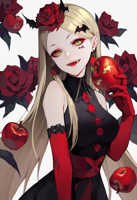 anime girl with red roses and a black dress holding an apple