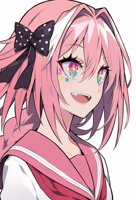 a close up of a person with pink hair and a bow