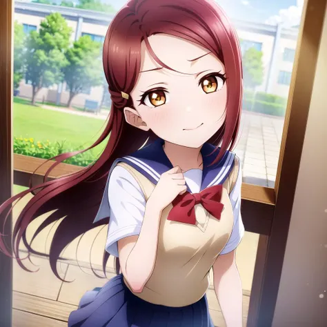 1girl, solo,(best quality),(masterpiece:1.1),Sakurauchi Riko ,(school uniform:1.4),dress, looking_at_viewer, neck_ribbon, cute, clear facial skin,